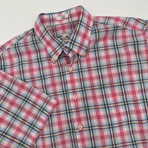 Peter Millar Plaid Button Down Short Sleeve Casual Shirt‎ Mens Size Large Pink